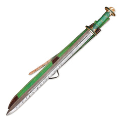 38" Hand-Forged Damascus Steel Viking Sword With Leather Sheath l Green Handle