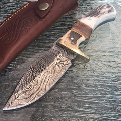 9-inch Damascus skinning knife with brown stag handle and sheath