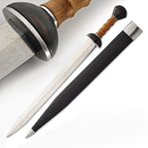 Roman gladius sword replica with black leather-wrapped scabbard