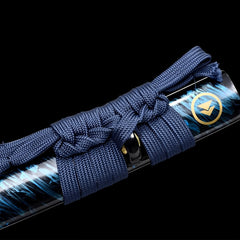 Jin Sakai katana replica with blue scabbard and display stand