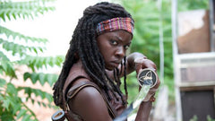 The Walking Dead Michonne katana replica with tribal-patterned blade and leather scabbard
