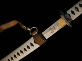 The Walking Dead Michonne katana replica with tribal-patterned blade and leather scabbard