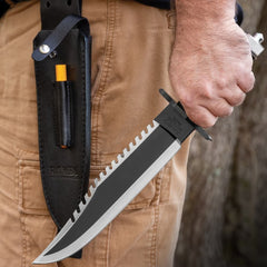 John Rambo survival knife replica with black blade and leather sheath