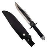 John Rambo survival knife replica with black blade and leather sheath
