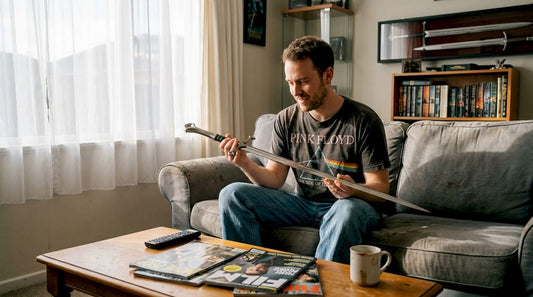 Collector examines sword in lived-in living room