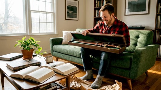 Man unboxing ornate sword gift in living room