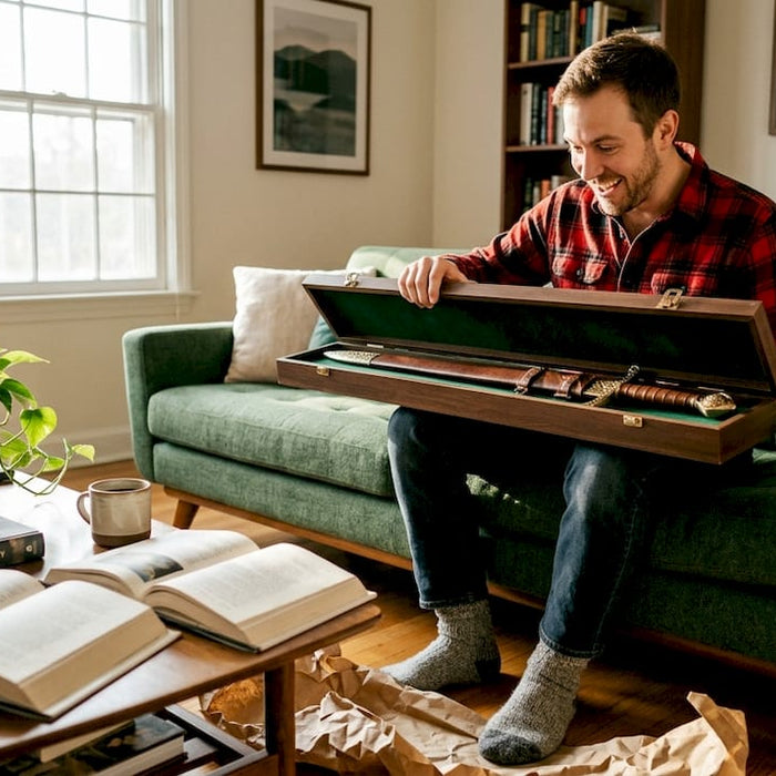 Man unboxing ornate sword gift in living room