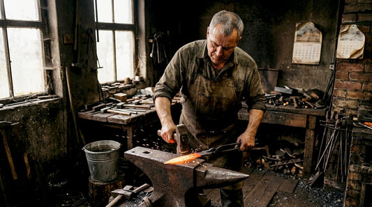 Blacksmith hammering red-hot sword blade