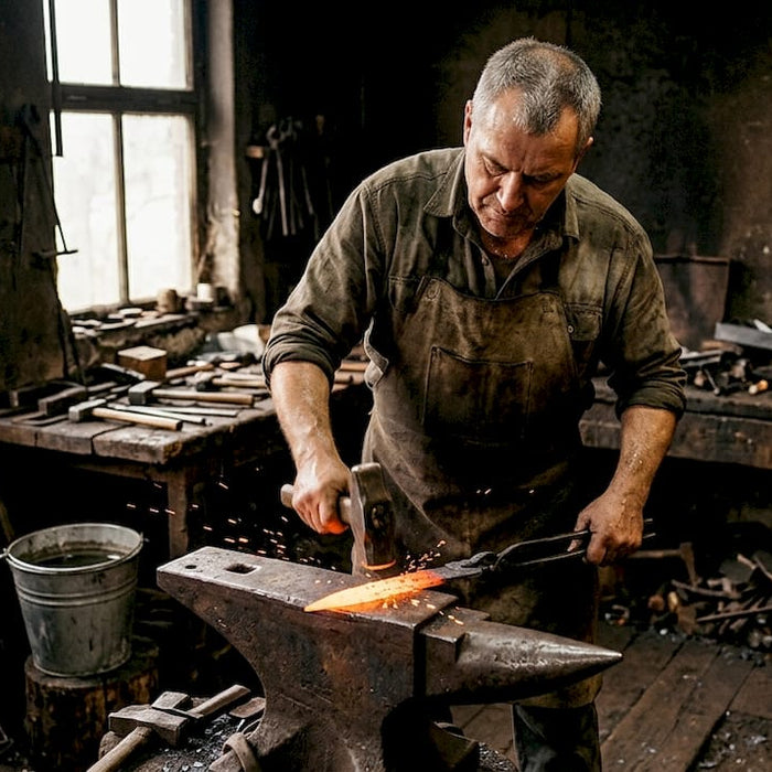 Blacksmith hammering red-hot sword blade