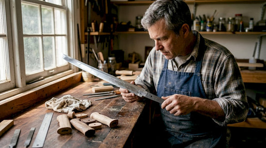 Swordsmith inspecting sword tang at workbench