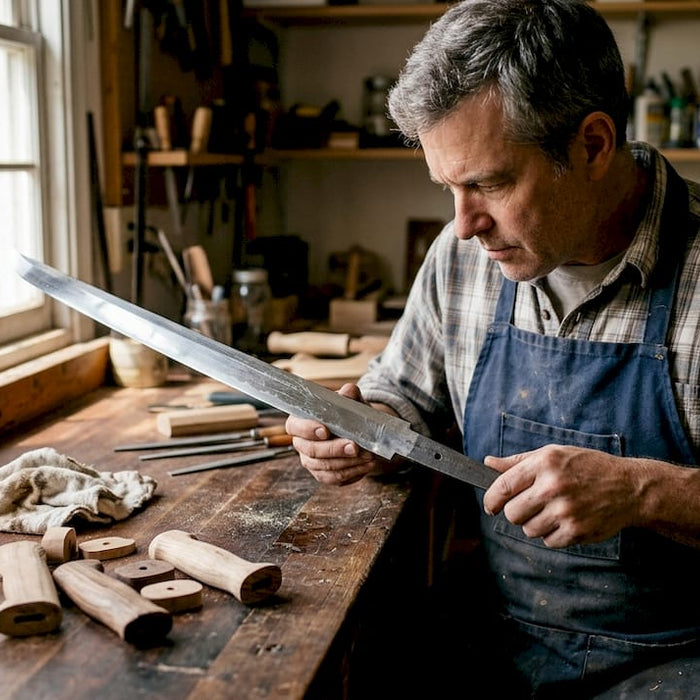 Swordsmith inspecting sword tang at workbench