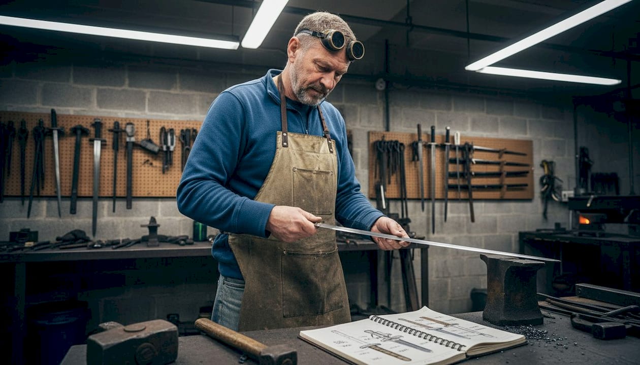 Swordsmith inspecting forged blade in workshop