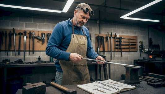 Swordsmith inspecting forged blade in workshop