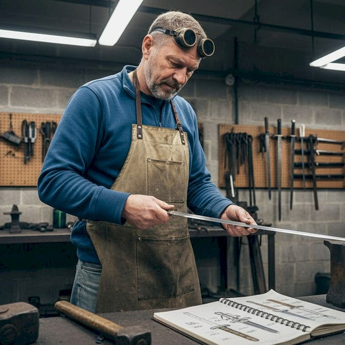 Swordsmith inspecting forged blade in workshop