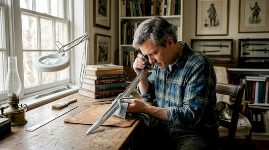 Collector inspecting engraved sword at workbench