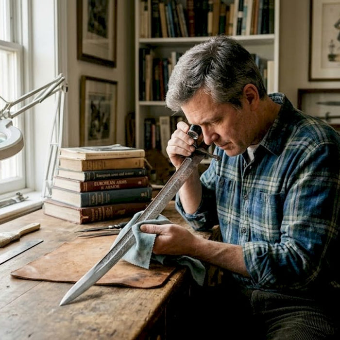 Collector inspecting engraved sword at workbench