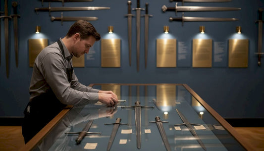 Museum conservator arranges historic swords in case