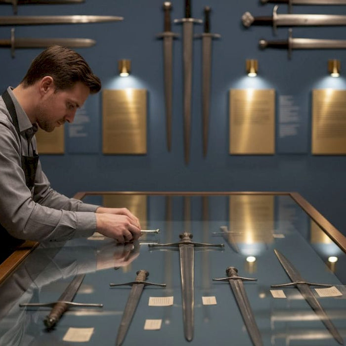 Museum conservator arranges historic swords in case