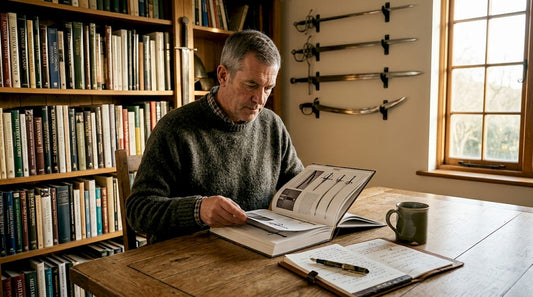 Collector reading sword book in home study
