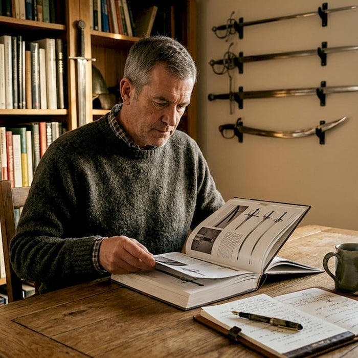Collector reading sword book in home study