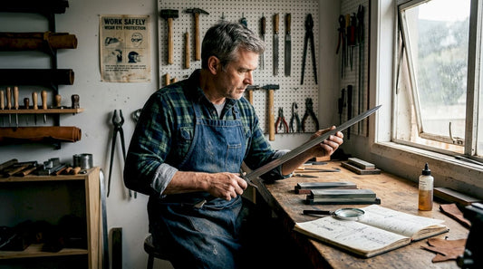 Craftsperson examines sword blade edge at workbench