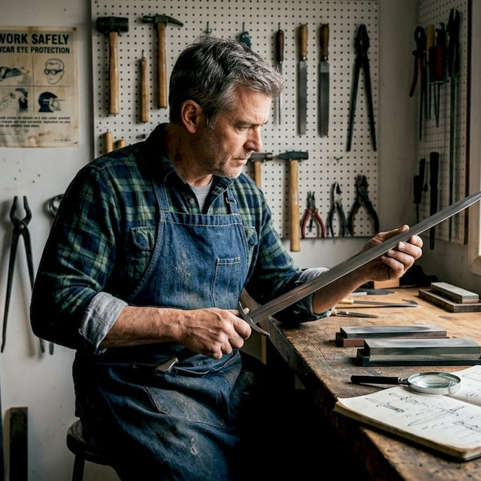 Craftsperson examines sword blade edge at workbench