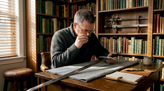 Collector examining medieval sword in study