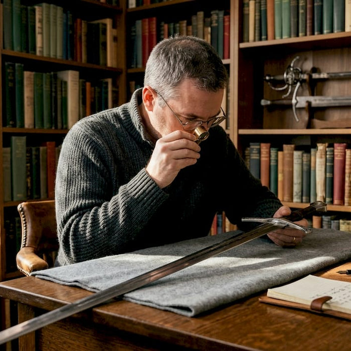 Collector examining medieval sword in study