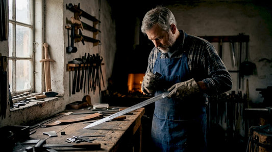 Swordsmith inspecting blade in cluttered workshop