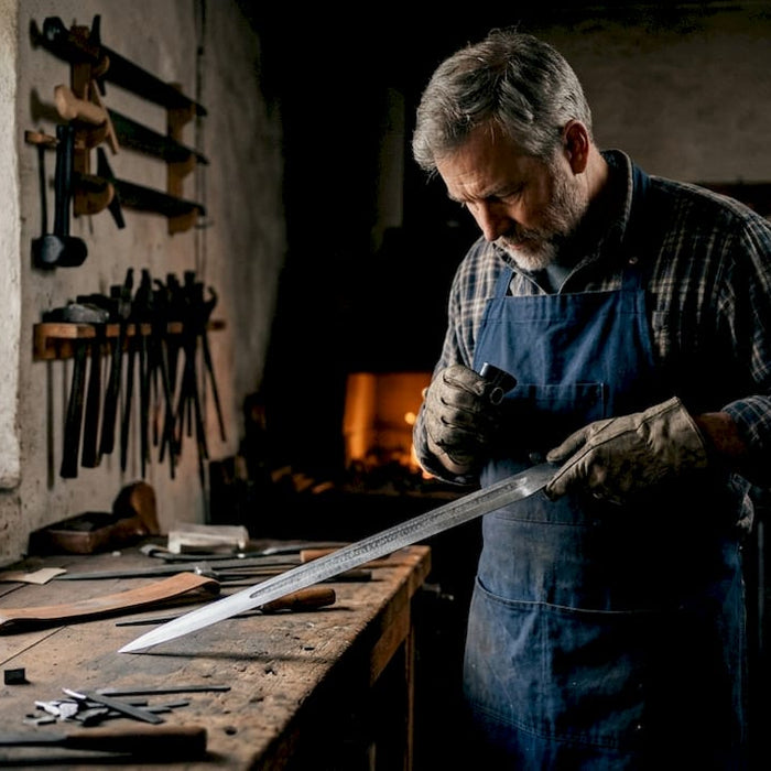 Swordsmith inspecting blade in cluttered workshop