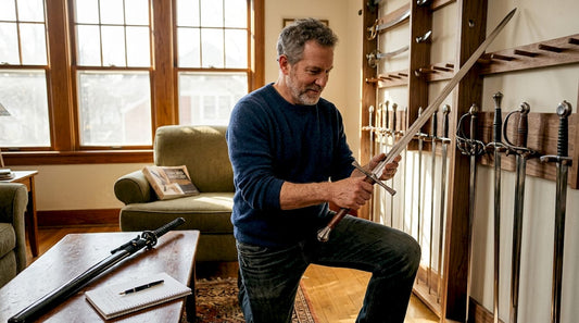 Collector examines swords on home display rack