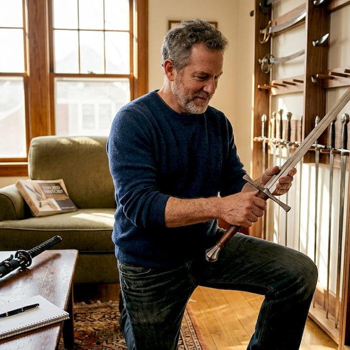 Collector examines swords on home display rack
