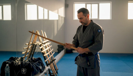 Martial artist inspects sword in training studio