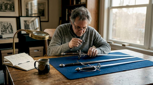 Collector inspecting sword replicas at home table