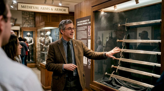 Historian explaining swords at museum display