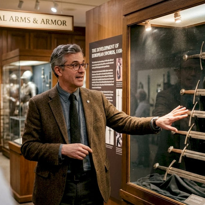 Historian explaining swords at museum display