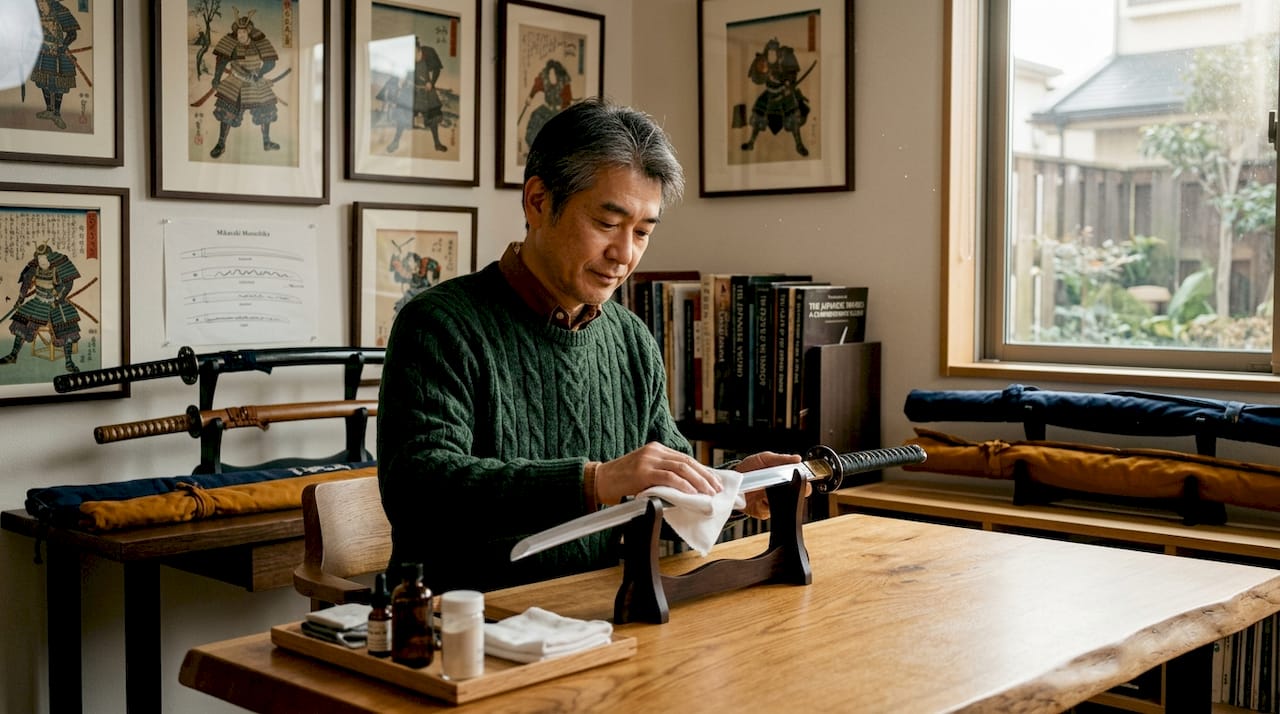 Collector examining and cleaning a katana at desk