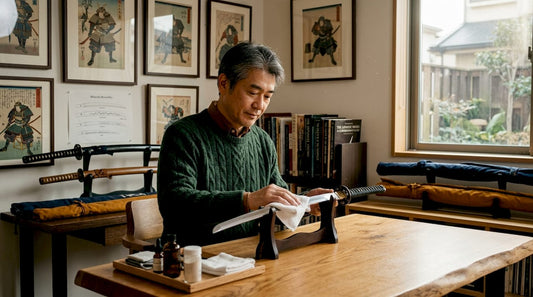 Collector examining and cleaning a katana at desk