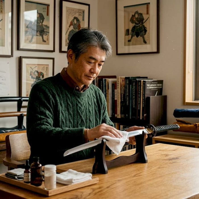 Collector examining and cleaning a katana at desk
