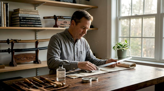Collector cleaning katana in organized home studio