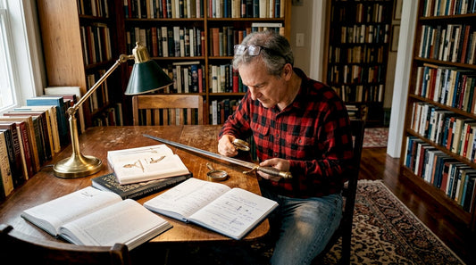 Collector examining sword in cozy home library