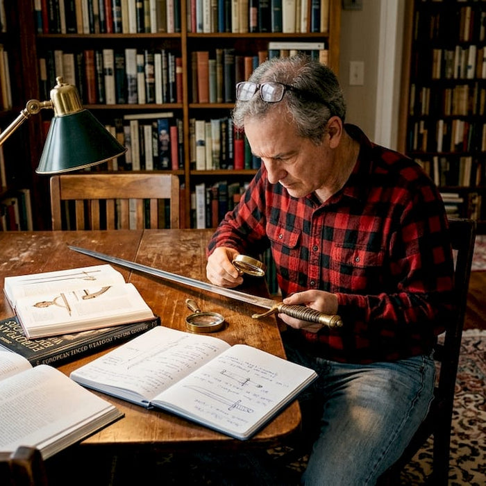 Collector examining sword in cozy home library