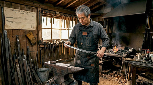 Swordsmith examines blade in workshop