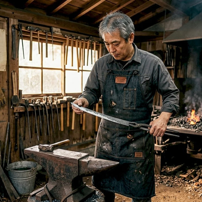 Swordsmith examines blade in workshop