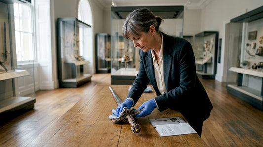 Curator polishes ornate ceremonial sword display