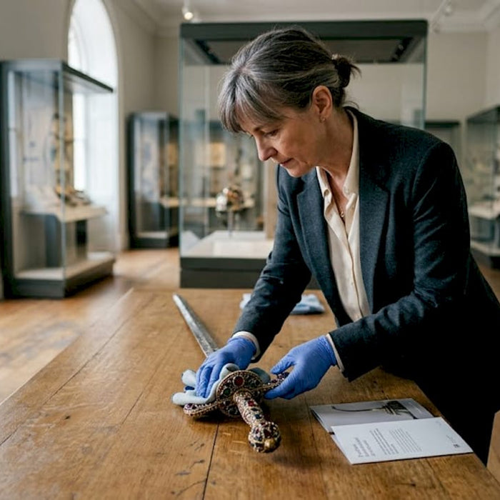 Curator polishes ornate ceremonial sword display