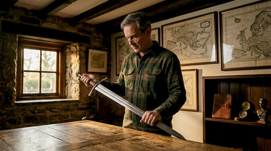 Collector examining sword balance at antique table