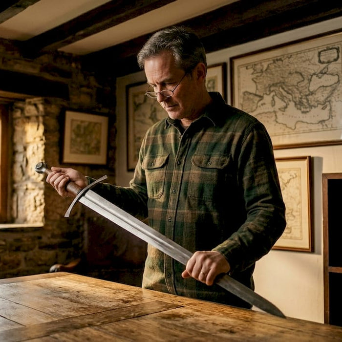 Collector examining sword balance at antique table