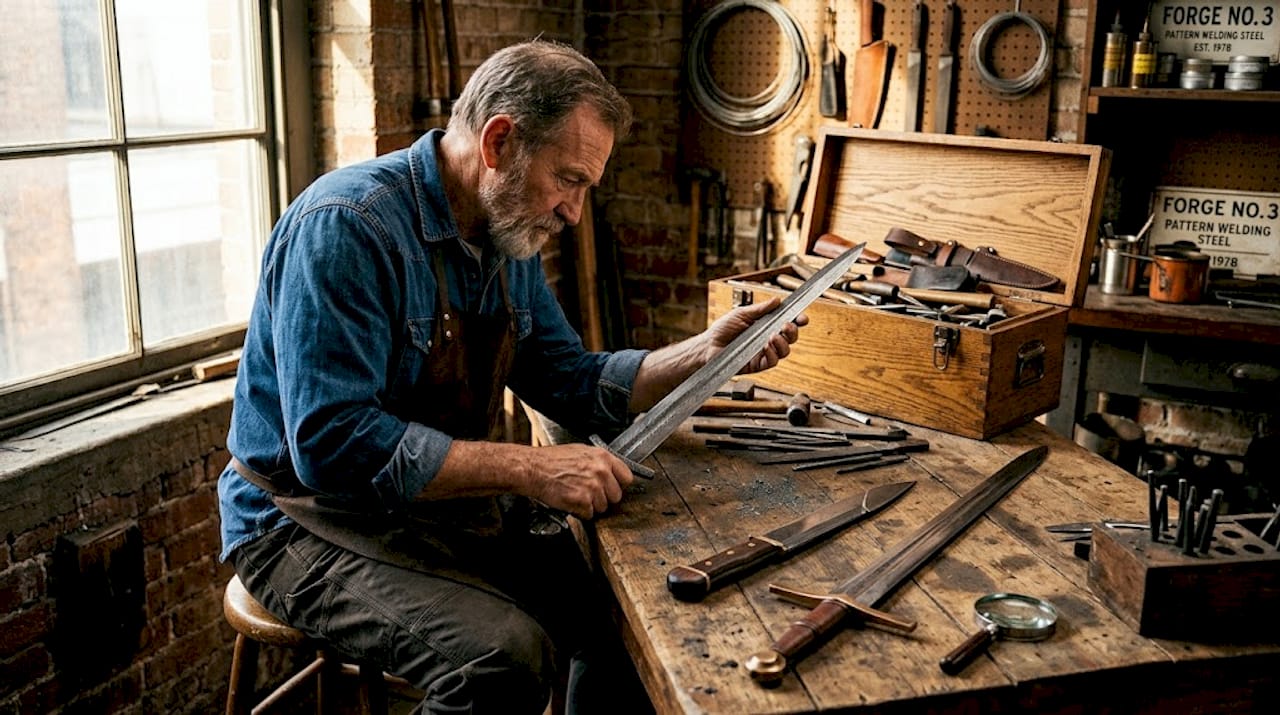 Craftsman inspecting unique sword designs