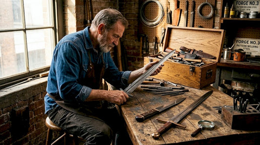 Craftsman inspecting unique sword designs